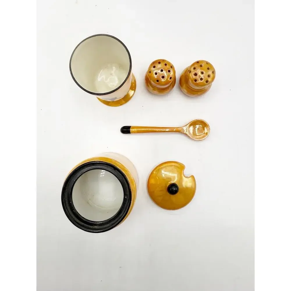 Vintage Ceramic Orange LusterWare Bird Condiment Set honey salt‎ pepper cup